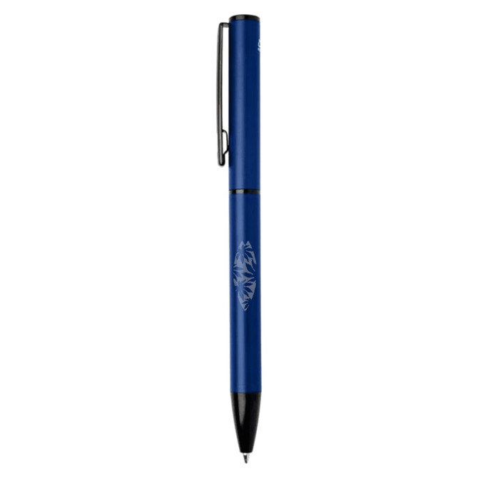 A blue recycled aluminium twist ballpoint pen with a clip and branding on the barrel.