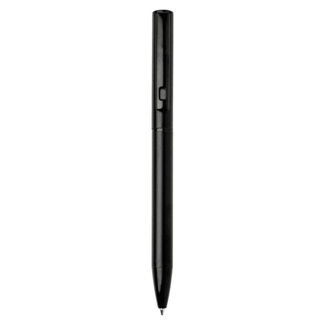 A black ballpoint pen made from recycled aluminium features a twist mechanism and includes a logo.