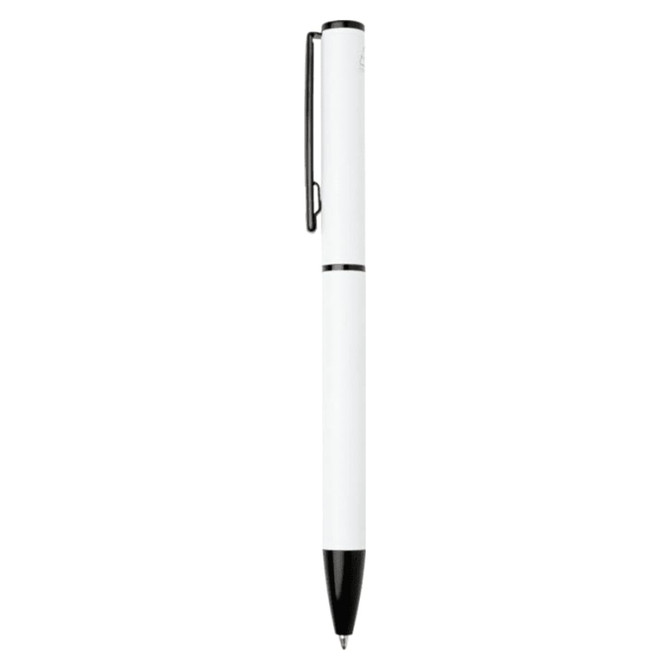 A white ballpoint pen with a black clip and tip, featuring a branding logo.
