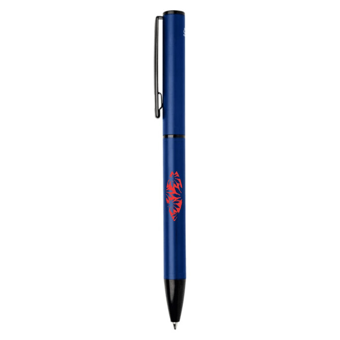 A blue ballpoint pen with a sleek design and a logo on its surface.