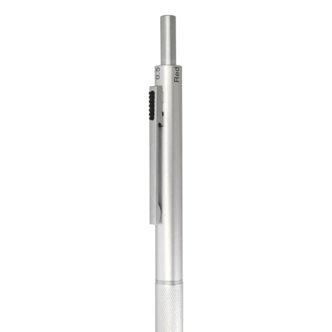A silver 4-in-1 gravity pen with multiple writing options and a clip, featuring a logo.