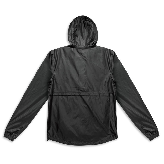 A unisex windbreaker in black with a hood and long sleeves, featuring a logo on the back.