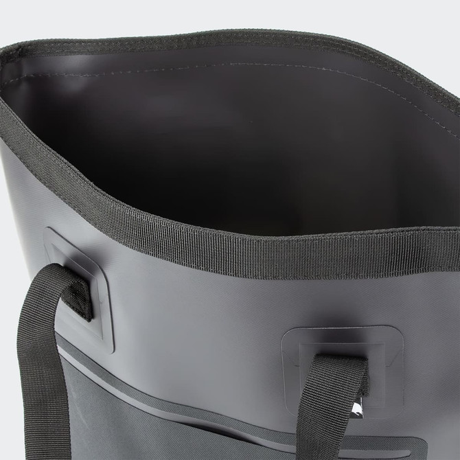 A black bucket bag with a smooth, rounded edge and side handles, featuring a sleek, minimalistic design.