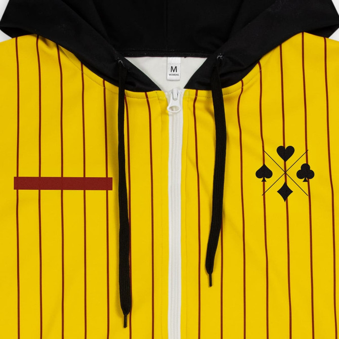 A yellow and black zipped hoodie featuring vertical stripes, a logo, and a contrasting red stripe.