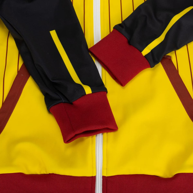 A custom women's active zipped hoodie in yellow, black, and red with contrasting stripes and a logo.
