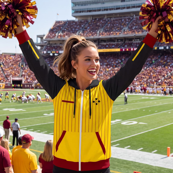 A woman in a yellow and grey zippered hoodie with red accents holds pom-poms at a sports event.