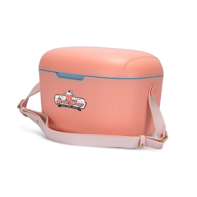 A peach-coloured cooler with a light blue handle and a logo on the front, featuring a detachable shoulder strap.