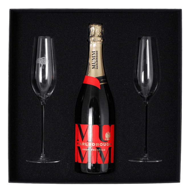 A champagne flute gift set featuring a bottle of Mumm Marlborough Champagne and two elegant clear glass flutes.