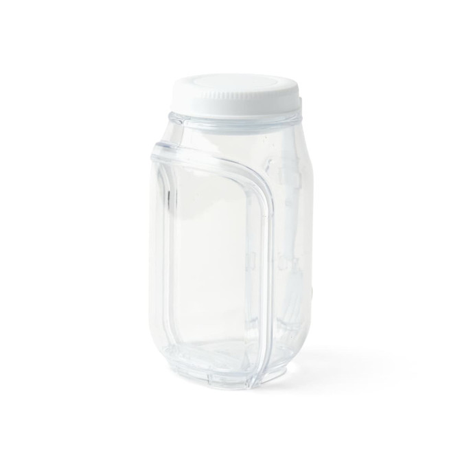 A clear plastic salad jar with a white lid and a unique curved design. It features a logo on the side.