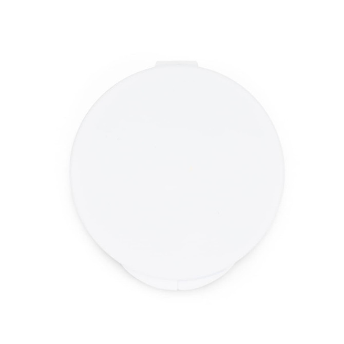 A round, white case for storing Nico Type C earbuds, featuring a smooth surface and a hinged opening.