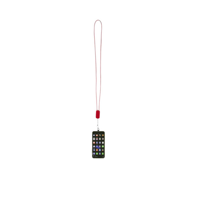 A pink smartphone lanyard featuring a built-in cable, designed to hold a mobile device securely.