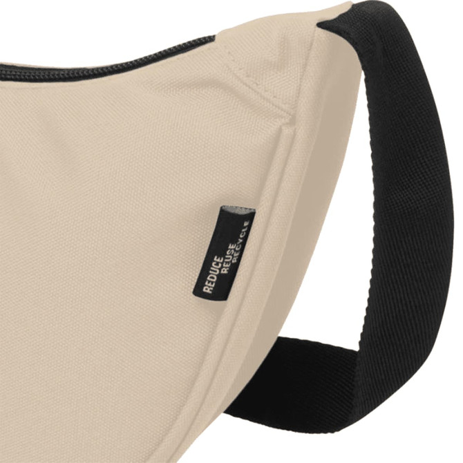 A beige recycled waist bag with a black strap and a small logo on the side.