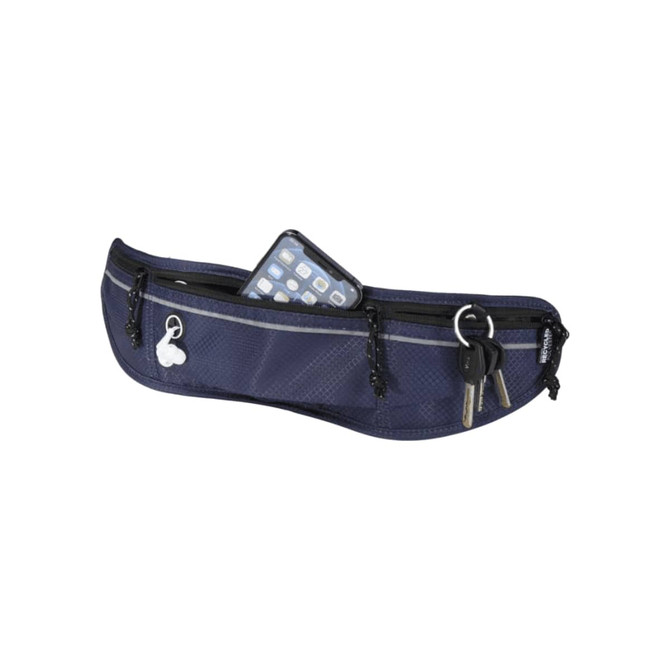 A navy running waist pack featuring a zippered compartment with a smartphone and keys inside. It has a logo.