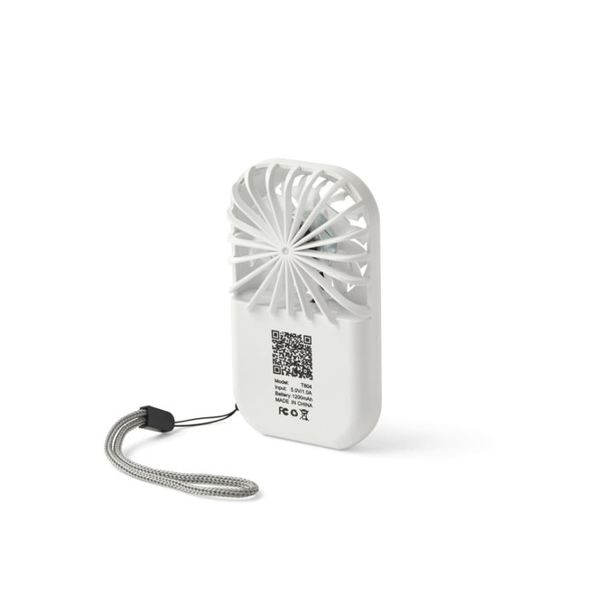 A white mini pocket fan with a circular blade design and a detachable cord for easy carrying.