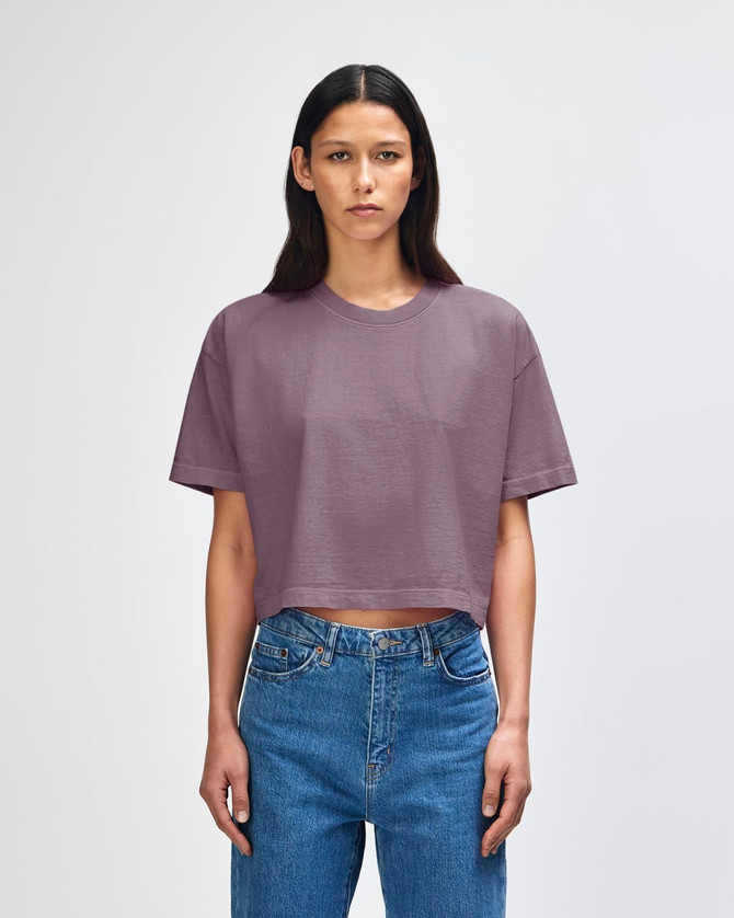 A women's cropped boxy T-shirt in a muted mauve colour, featuring short sleeves and a relaxed fit. It has a logo.