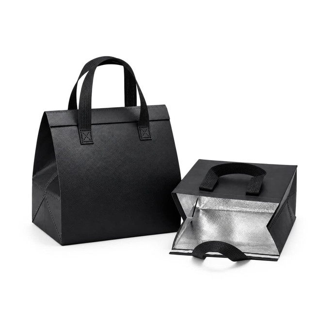 A black cooler bag with handles, featuring an insulated silver interior and a foldable design. It has a logo on it.