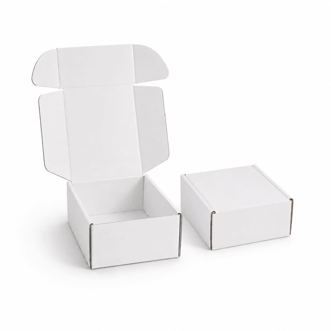 A white custom box with a locking lid, featuring an open and closed version on a plain background.