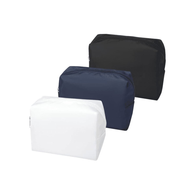 Three toiletry bags in black, navy blue, and white, featuring a zip closure and a logo.