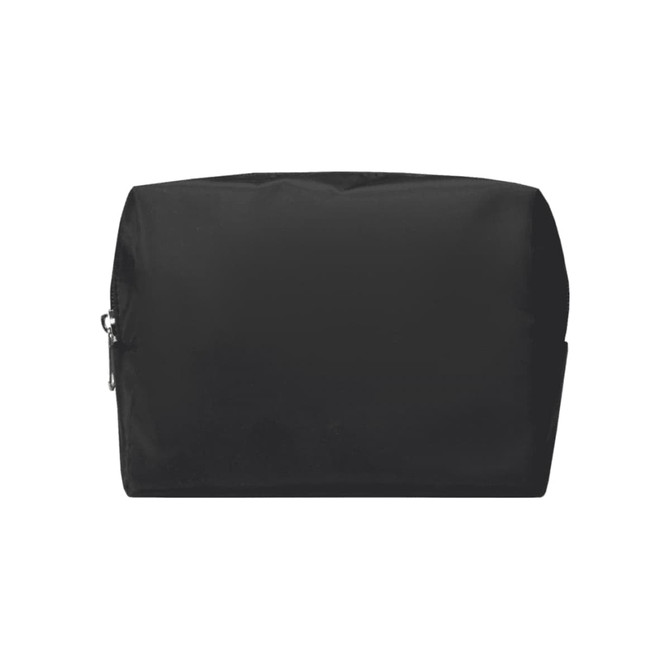 A black toiletry bag with a zipper and a subtle logo, featuring a sleek and simple design.