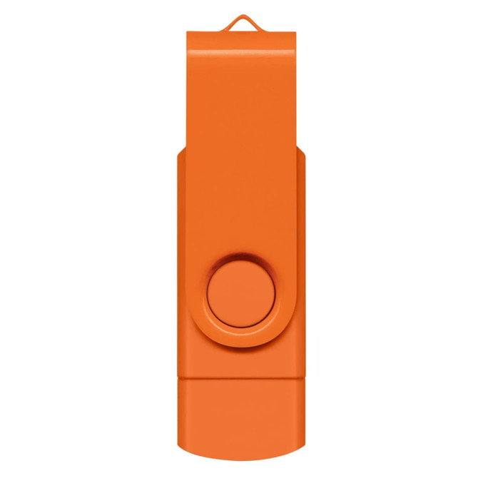 An orange Helix 8GB dual flash drive with a swivel design and a loop for attachment.