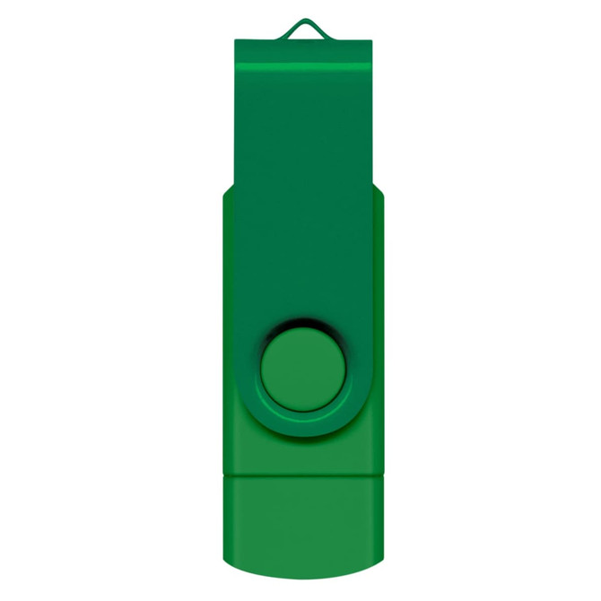 A green dual flash drive featuring a swivel design and a keyring loop for easy attachment.