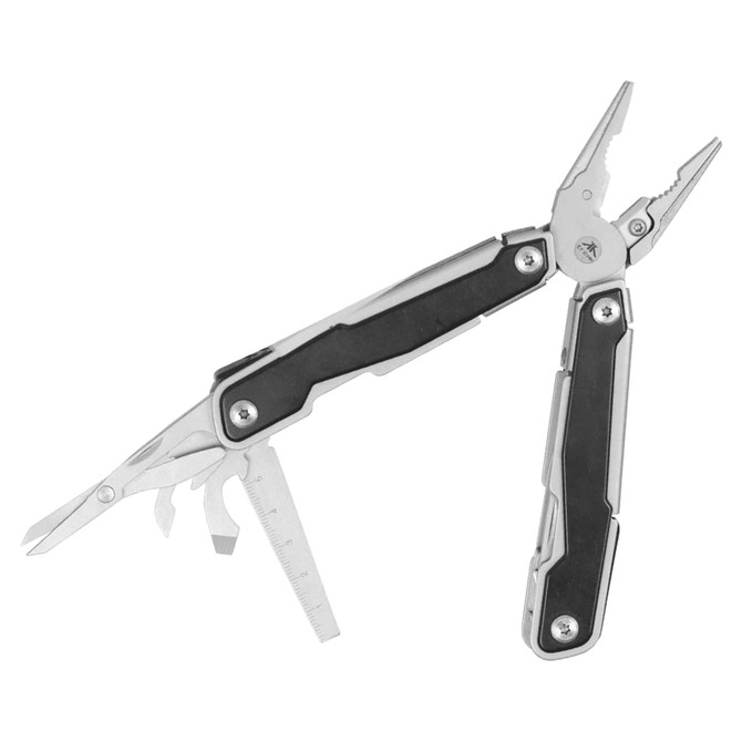 A multifunction tool with silver and black features, including pliers, scissors, and various other tools.
