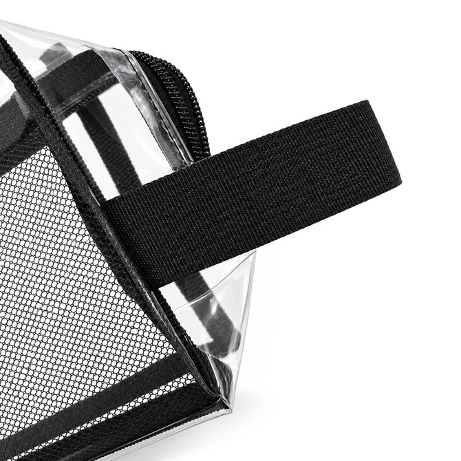 A clear cosmetic bag with a black mesh detail and a black strap. It features a zip closure.