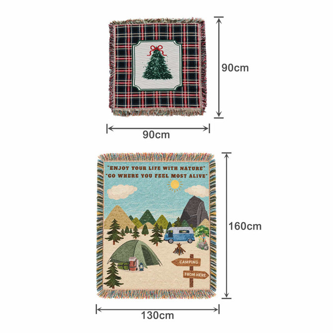 A tapestry blanket featuring a Christmas tree design and a camping scene with mountains and a caravan, in green and beige tones.