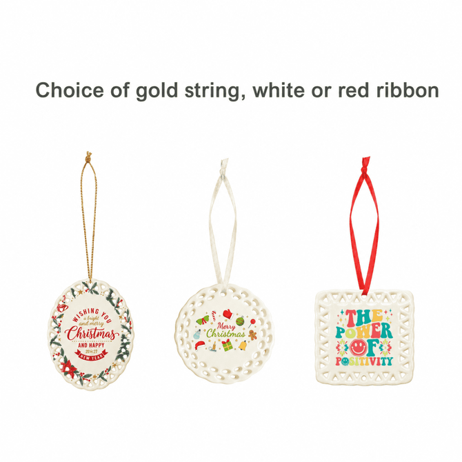 A ceramic ornament set featuring three designs, available with gold string or white and red ribbons. Finely detailed in white.