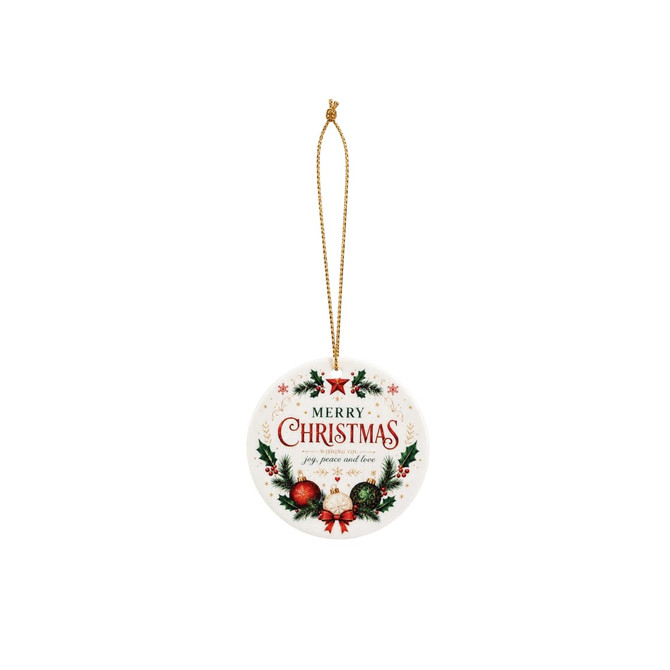 A round ceramic ornament featuring a festive design with red, green, and gold elements, and a golden hanging string.