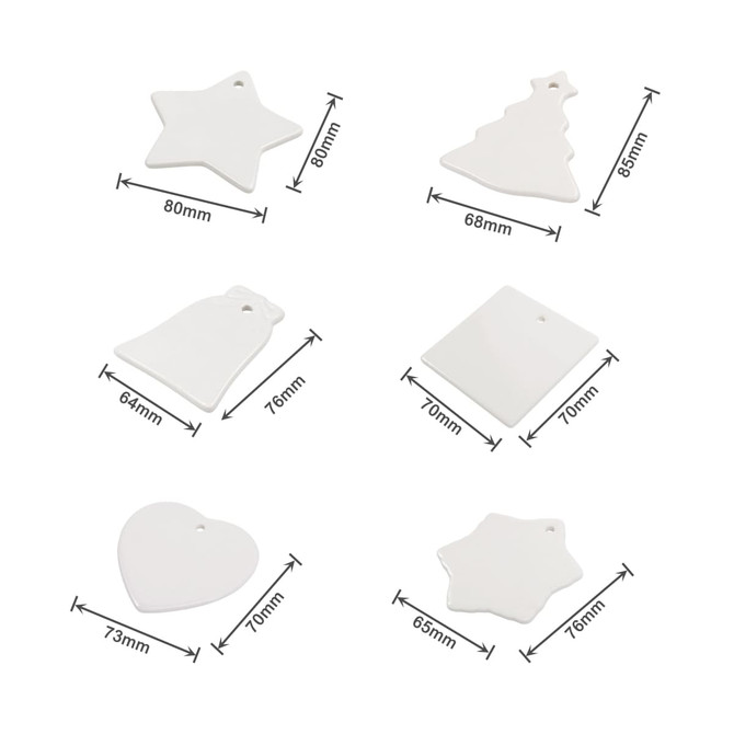 A set of six white ceramic ornaments, including shapes like a star, tree, bell, and heart, with various dimensions.