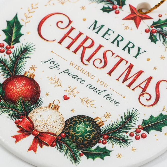 A round ceramic ornament in white, featuring festive Christmas decorations, including red and green baubles, and holly.