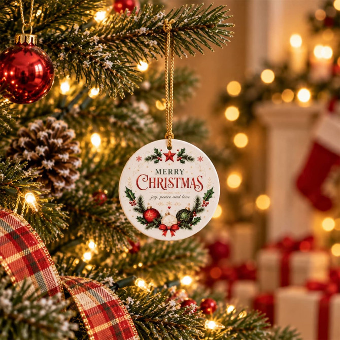 A ceramic ornament in white with festive red and green designs, hanging on a decorated Christmas tree.