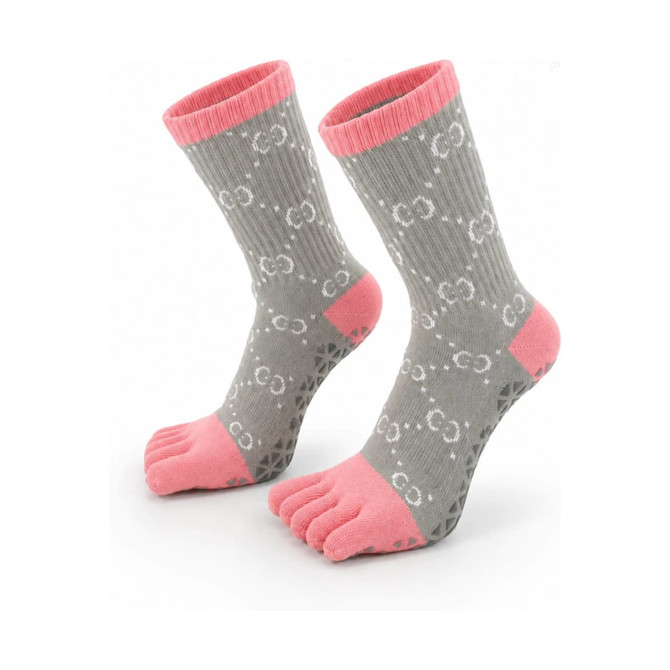Custom sport toe socks in grey with pink ribbed cuffs and toe sections, featuring a patterned design and a logo.