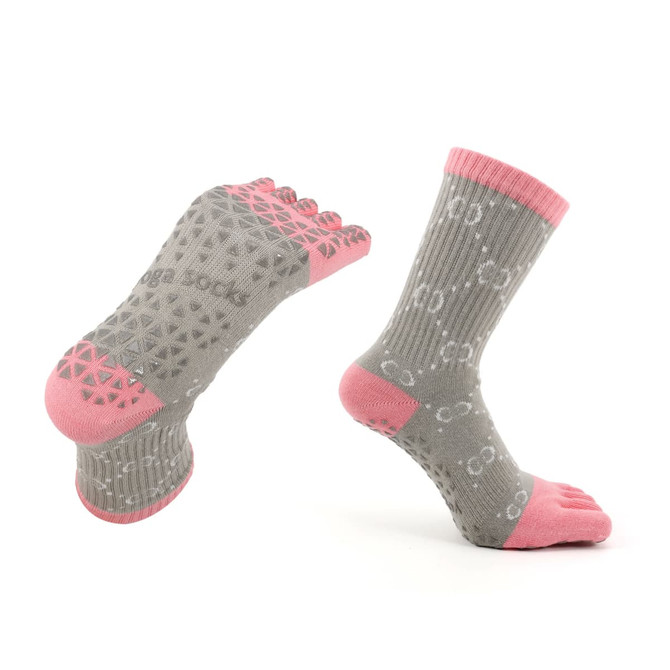 Crew Custom Sport Toe Socks in grey with pink accents, featuring a unique toe design and non-slip grip patterns.