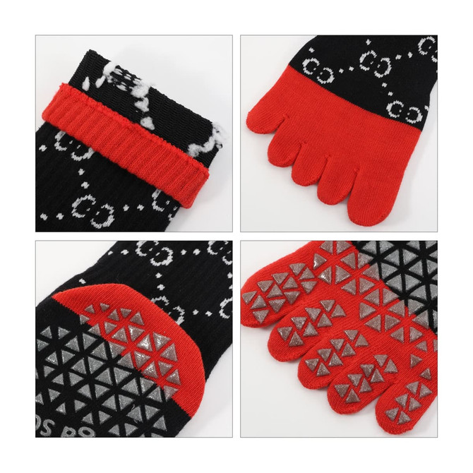A pair of black and red toe socks with a textured grip pattern on the soles and a woven design on the upper.