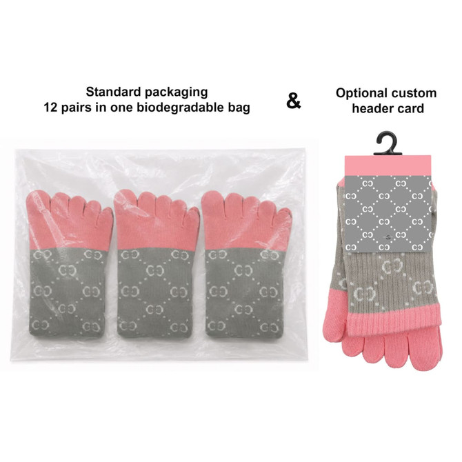A pack of grey and pink Crew Custom Sport Toe Socks, featuring 12 pairs in biodegradable packaging.