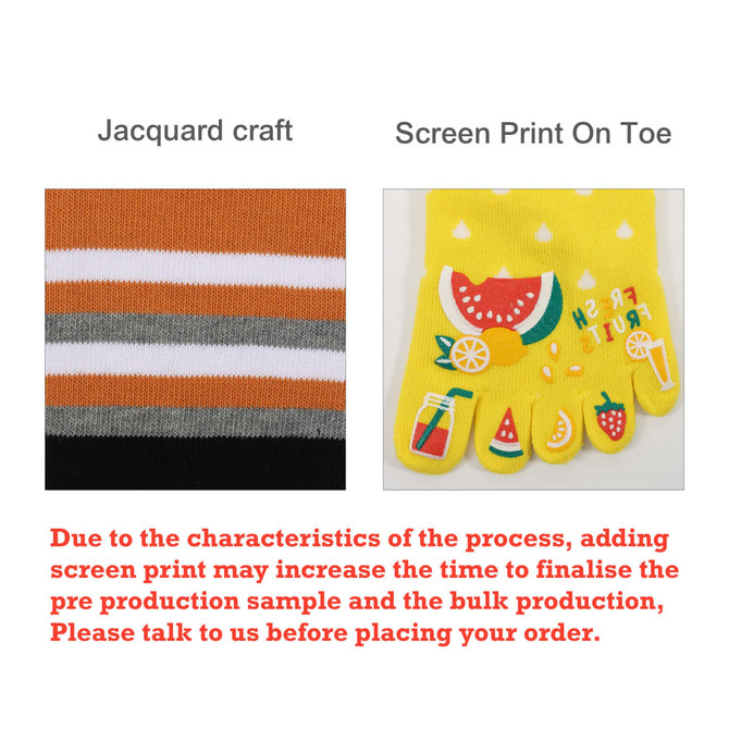 Knee high custom toe socks in vibrant yellow with a fruity design and striped patterns in orange, grey, and black.