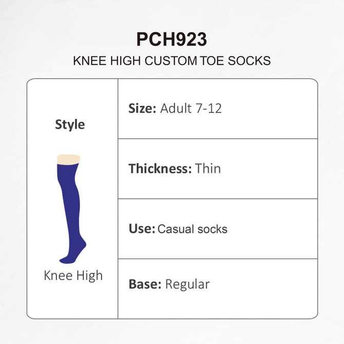 Knee high socks in purple, featuring a thin design and suitable for adults sized 7-12. Includes a branding logo.