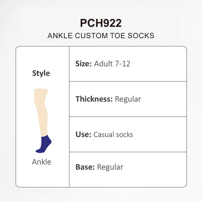 Ankle custom toe socks in navy blue, suitable for adult sizes 7-12, with regular thickness and base.