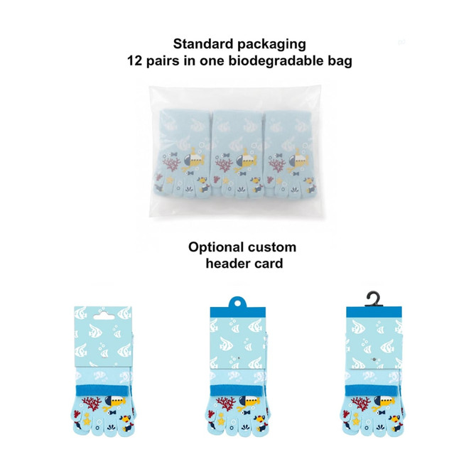 A pack of three pairs of blue toe socks featuring marine designs, packaged in a biodegradable bag.