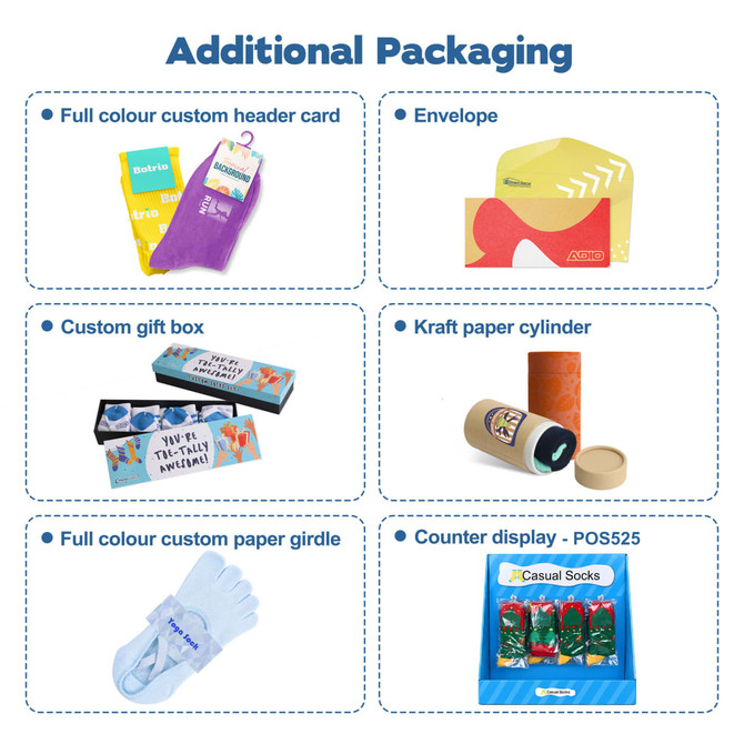 A variety of packaging options including custom boxes, envelopes, and displays in multiple colours.