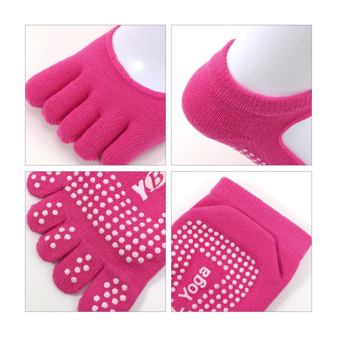 Open top yoga toe socks in vibrant pink with textured grip dots on the soles and a comfortable, stretchy design.