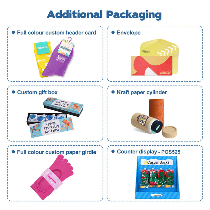A collection of various packaging options including a purple custom sock header card, envelopes, and gift boxes.