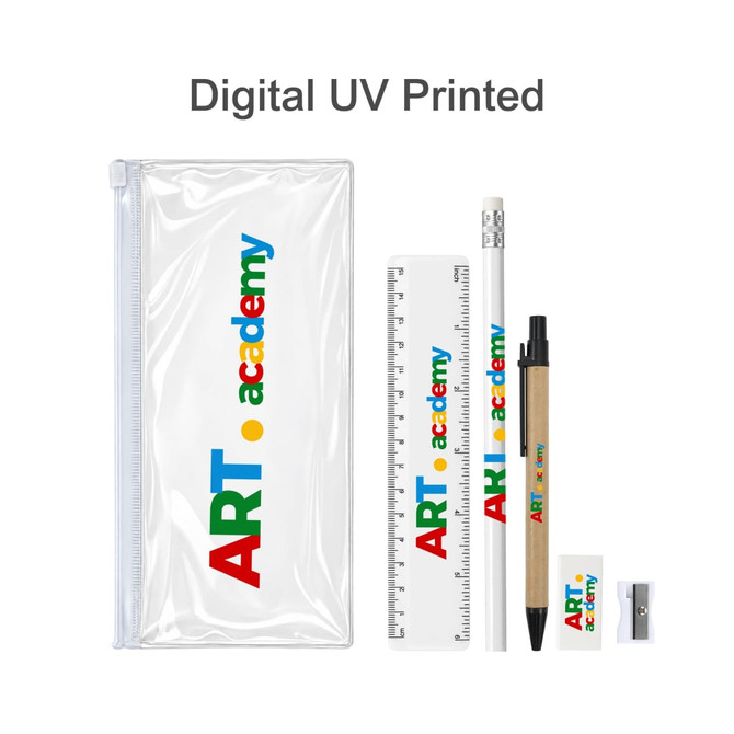 A clear pencil case containing a ruler, pencil, pen, sharpener, and eraser, all featuring vibrant colours and a logo.