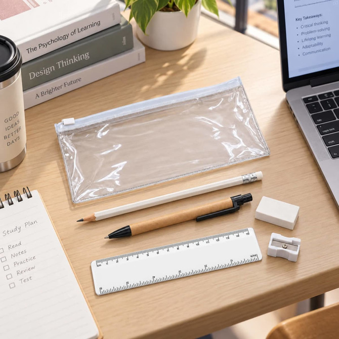 A clear stationery pouch contains a pencil, pen, eraser, ruler, and sharpener, with a notepad and laptop in the background.