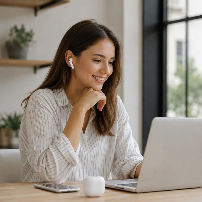 A woman with long brown hair wears white half in-ear design earbuds while using a laptop at a well-lit desk.