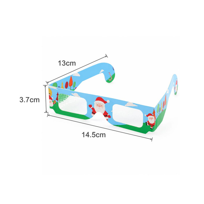 Festive paper diffraction glasses in blue with Santa illustrations and a landscape design. Dimensions included.