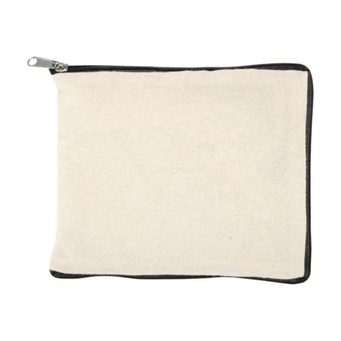 A foldable, cream-coloured tote bag with a zip closure and a contrasting black trim. It has a logo.
