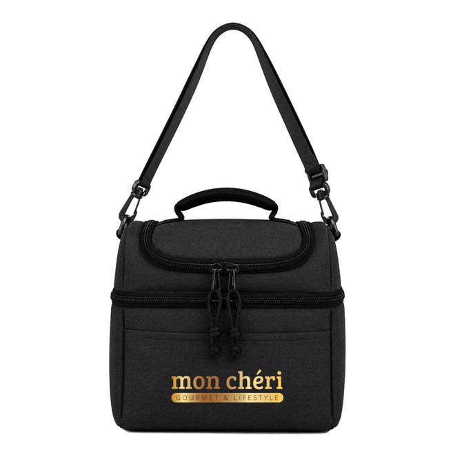 A black cooler bag with a shoulder strap and a top handle, featuring a front zipper and a logo.